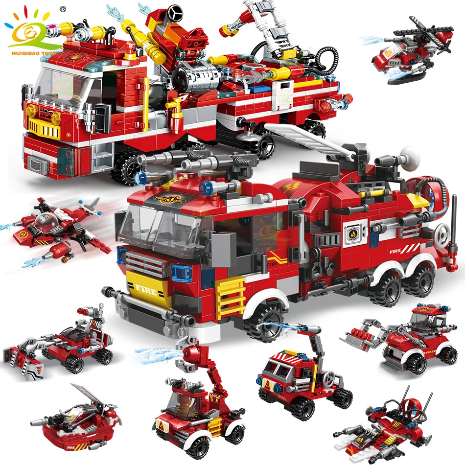 Детско сграда на пожарникар, детски играчки от тухли, камиони, хеликоптери и кораби пожарникари, 8 в 10