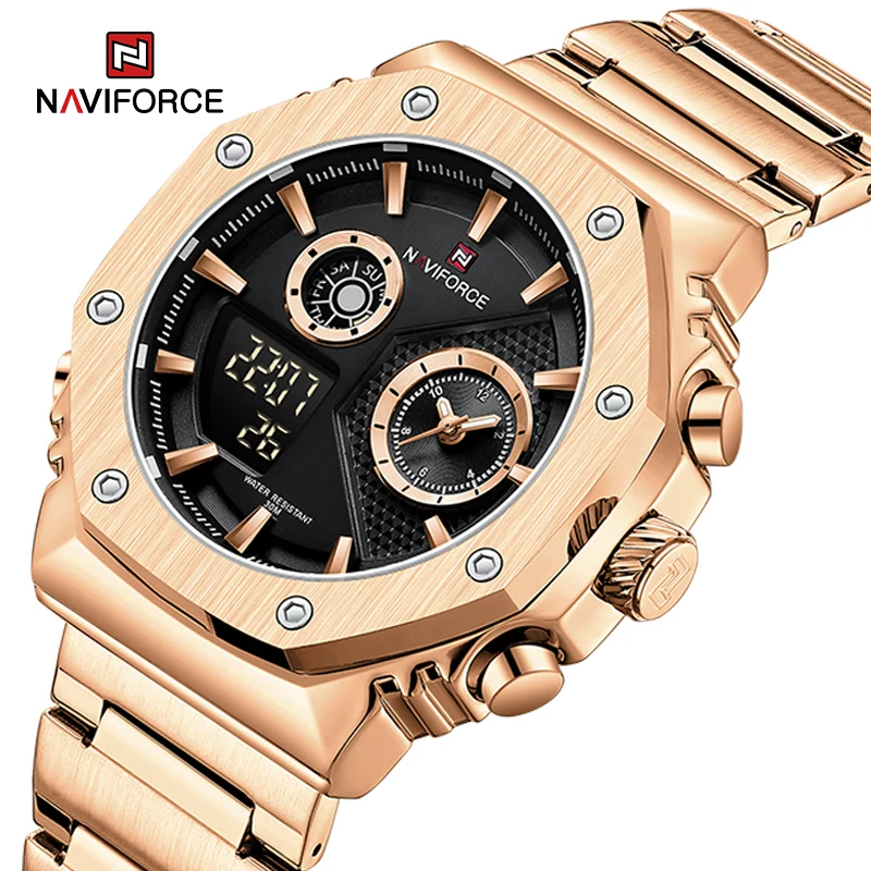 NAVIFORCE, Луксозни мъжки часовници, най-добрата марка, водоустойчив Мъжки спортни кварцов часовник от неръждаема Стомана, LCD дисплей, Светещи мъжки ръчен часовник0