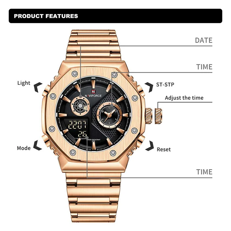 NAVIFORCE, Луксозни мъжки часовници, най-добрата марка, водоустойчив Мъжки спортни кварцов часовник от неръждаема Стомана, LCD дисплей, Светещи мъжки ръчен часовник1