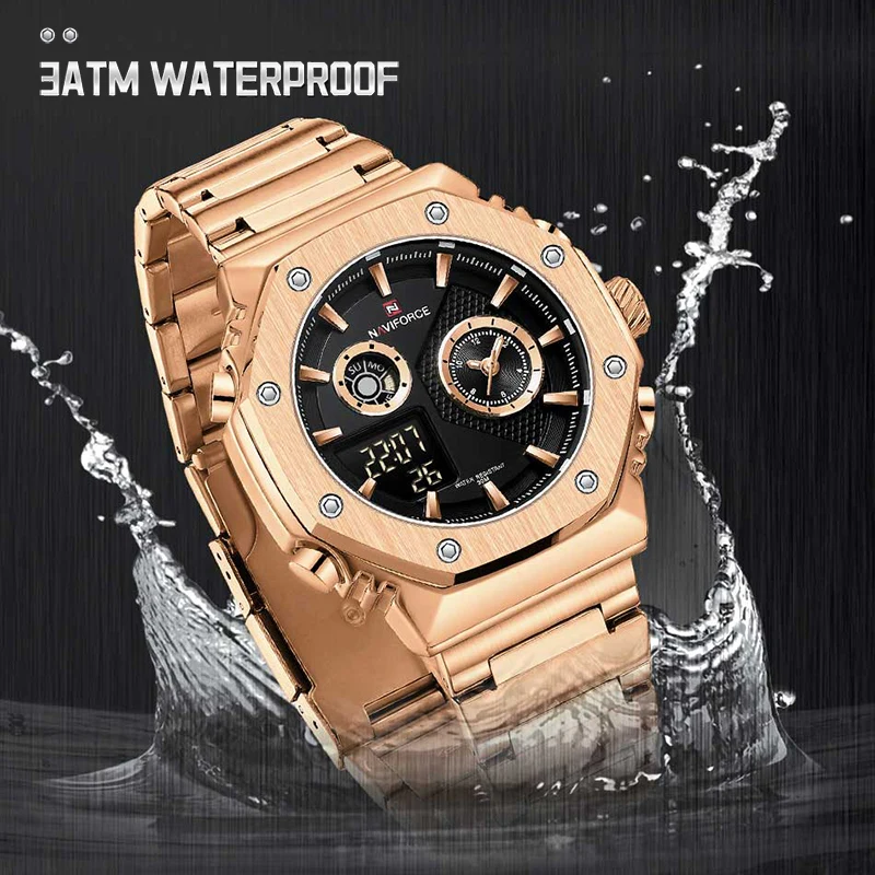 NAVIFORCE, Луксозни мъжки часовници, най-добрата марка, водоустойчив Мъжки спортни кварцов часовник от неръждаема Стомана, LCD дисплей, Светещи мъжки ръчен часовник5