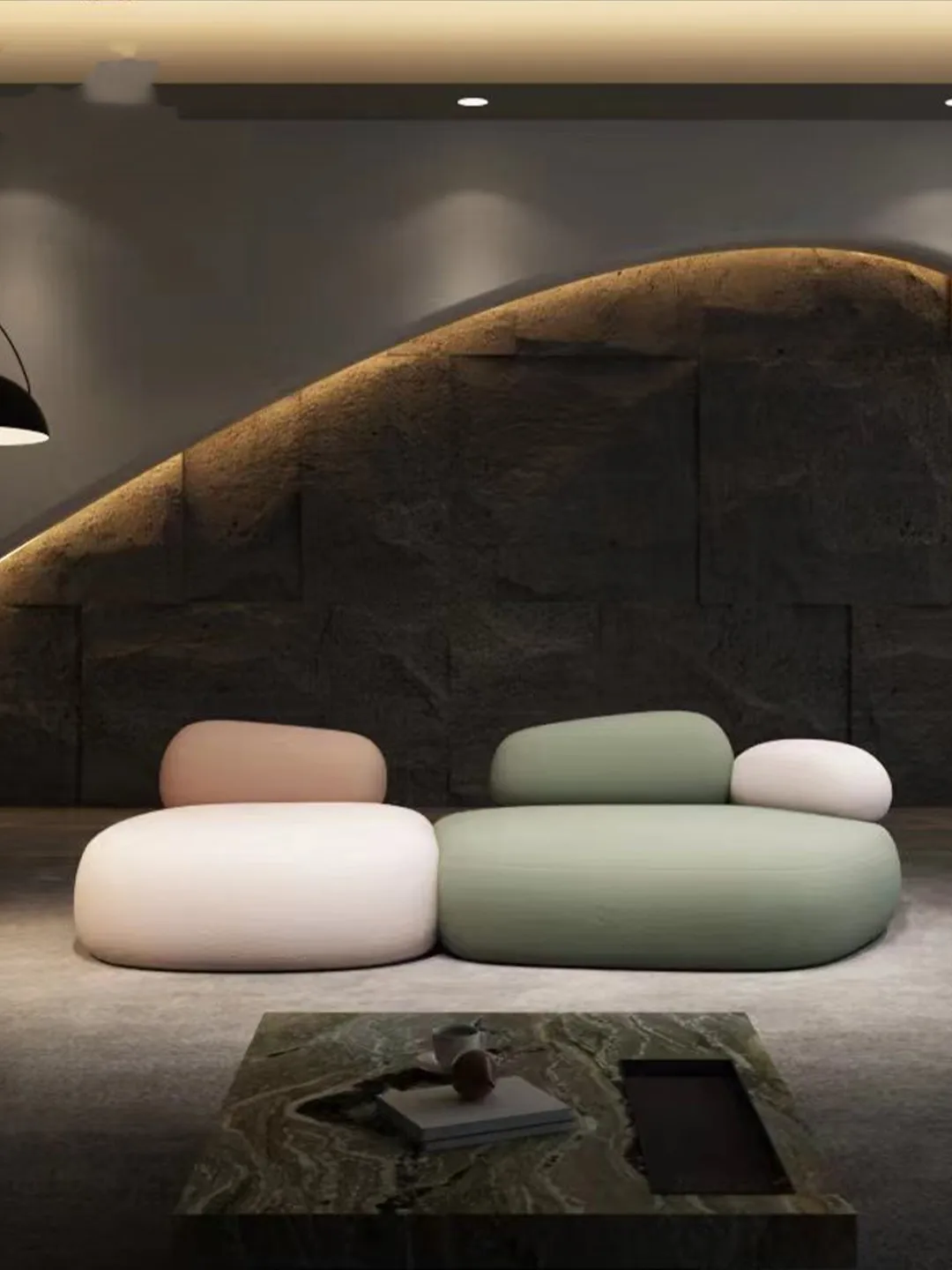 Текстилен диван в формата на едро смляно брашно, креативен дизайнерски заоблен модул от камък в грах, арт стоун0