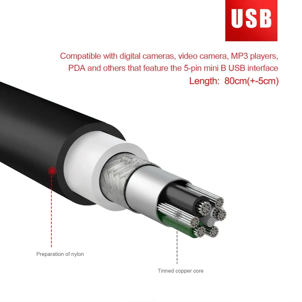 Високоскоростен 80 см. конектор USB 2.0 A-Mini B С 5-пинов със Зарядно, кабел За цифрови фотоапарати с възможност за гореща замяна USB-кабел за зареждане на данни Черен5