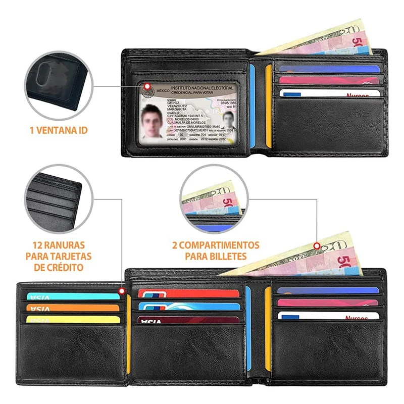 Тънки мъжки портфейли с RFID заключване в три гънки с джоб за монети и прозорец за самоличност Минималистичен чантата за мъже с прозорец за идентификация и 9 отделения за карти1