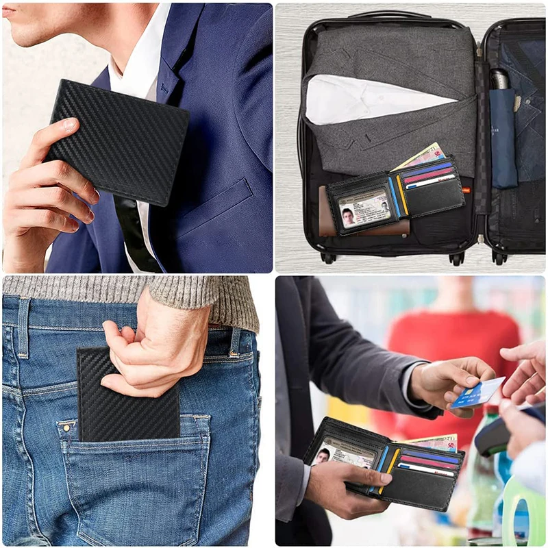 Тънки мъжки портфейли с RFID заключване в три гънки с джоб за монети и прозорец за самоличност Минималистичен чантата за мъже с прозорец за идентификация и 9 отделения за карти4