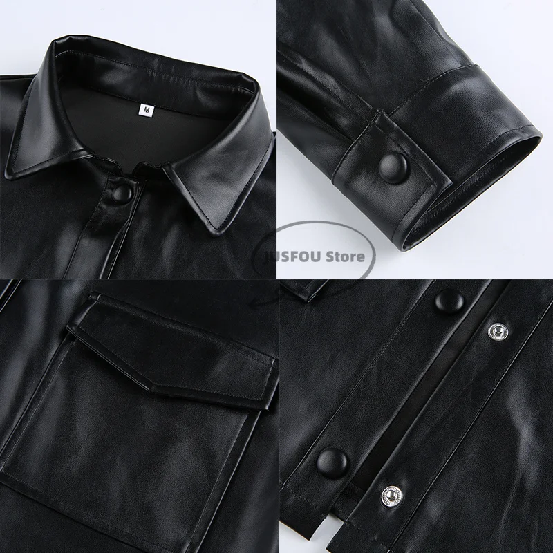 2022 Мотоциклетът къс градинска облекло Черни якета в стил пънк с копчета и джобове Укороченная горна дреха от изкуствена кожа Къс Chaqueta4