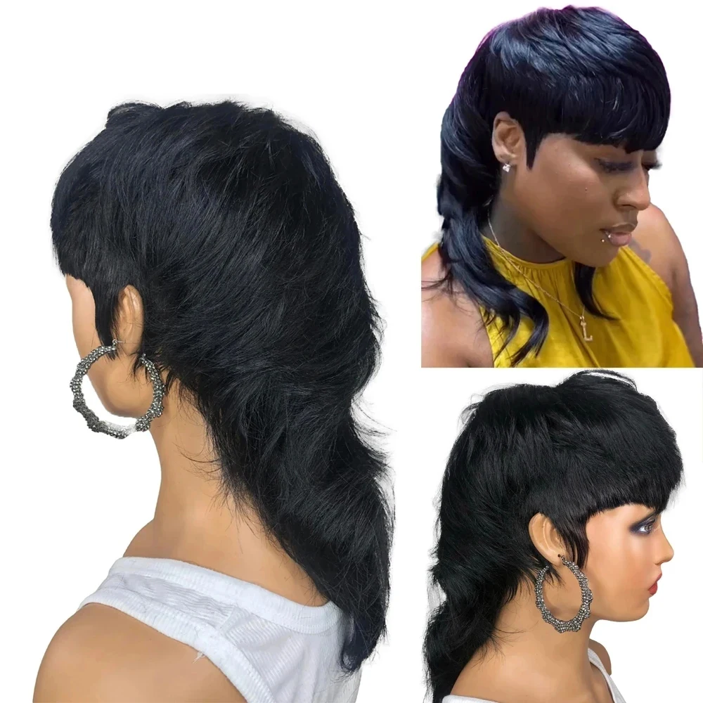 Къса Перуки в стил Pixie, Напълно Машинен перука с бретон под формата на Ласточкиного на Опашката, Прави Светли и Перуки от човешка коса Remy Мълет За жени1