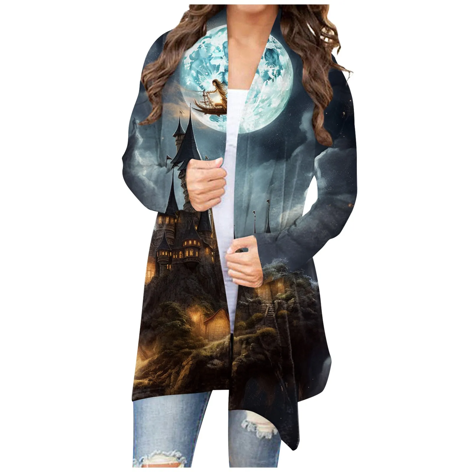 Women ' s Fashion Casual Хелоуин Print Medium Length Cardigan Яке Coat якета, есенни женски chaqueta mujer дамско палто1