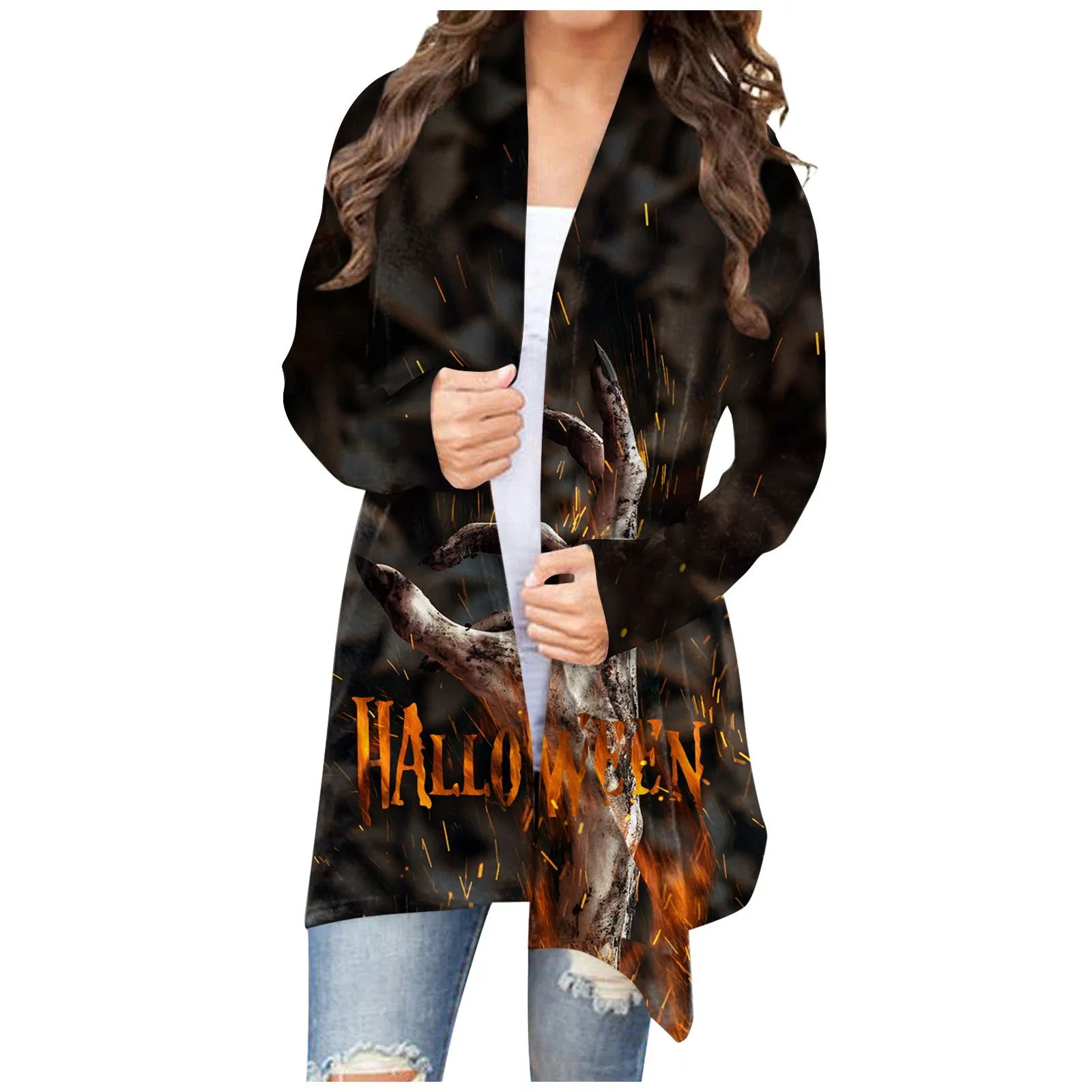 Women ' s Fashion Casual Хелоуин Print Medium Length Cardigan Яке Coat якета, есенни женски chaqueta mujer дамско палто3