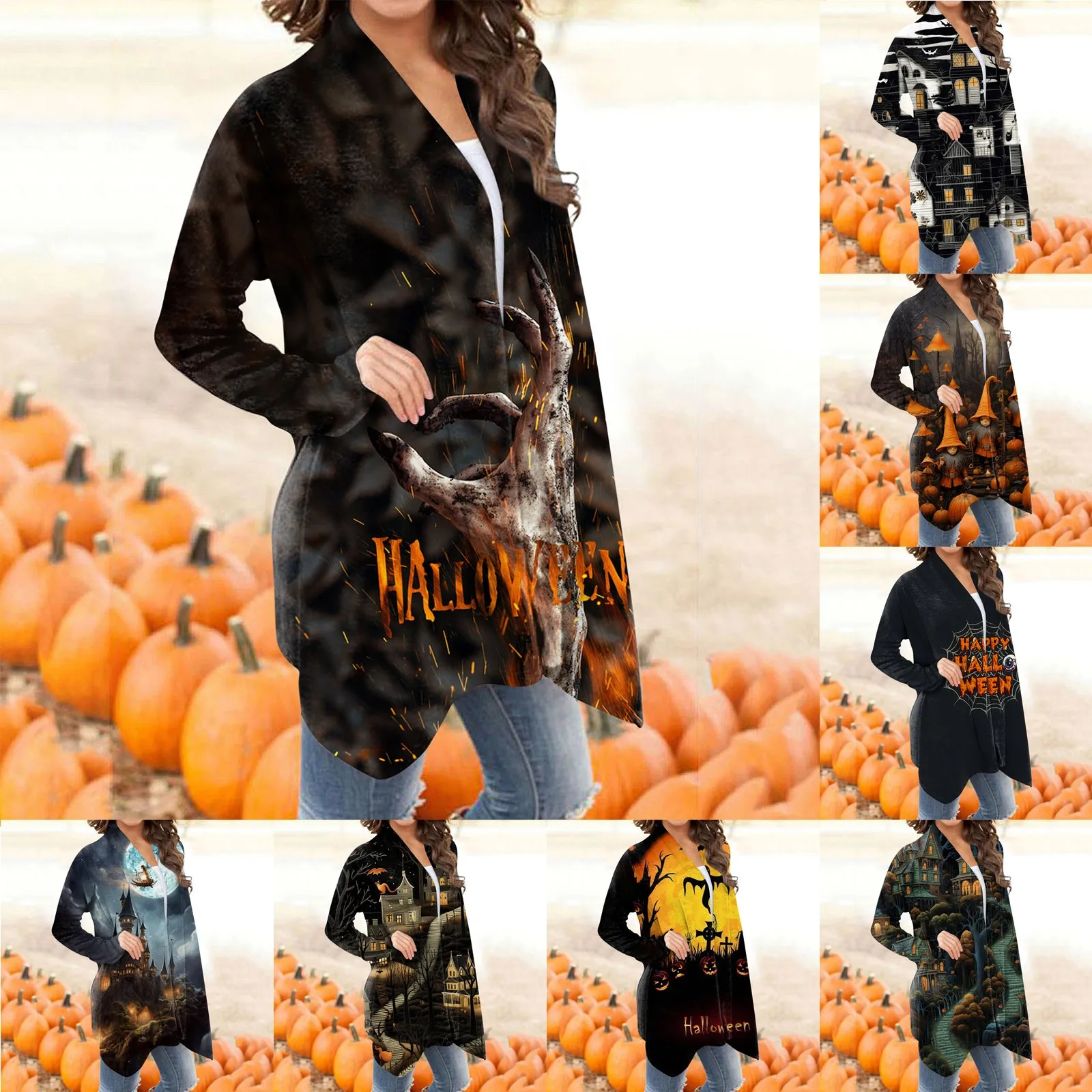 Women ' s Fashion Casual Хелоуин Print Medium Length Cardigan Яке Coat якета, есенни женски chaqueta mujer дамско палто5